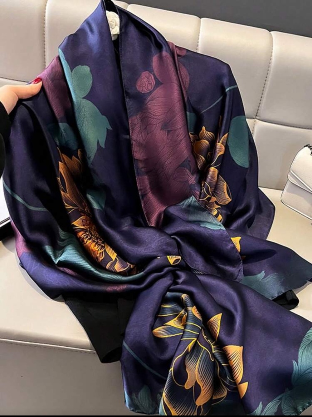 Lux Floral Satin Scarf - Navy Multicolor